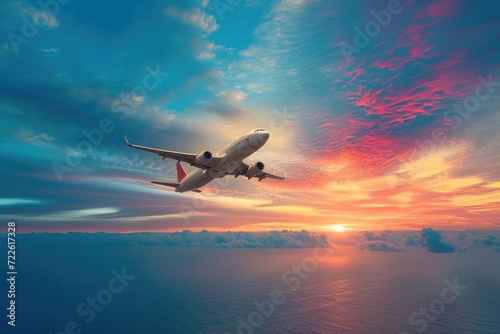 A majestic airliner soars through the sky, its wings elegantly flapping as it takes off into the sunset over the glistening waters, embodying the wonder and adventure of air travel