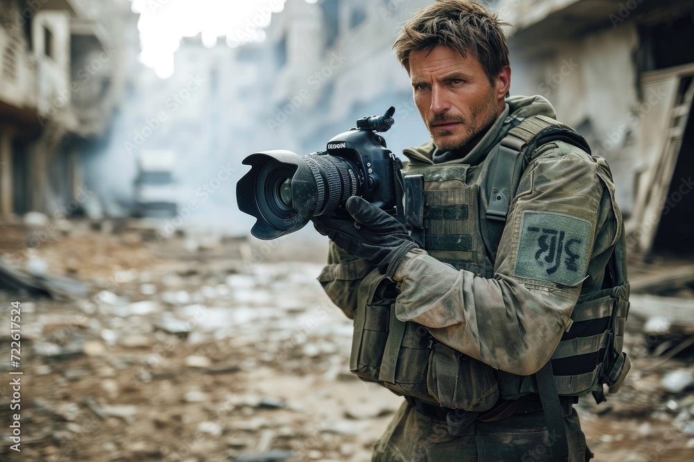 Fototapeta premium A brave soldier captures the essence of war through his lens, his uniform and weapon symbolizing his dedication to his country as he stands in front of a building, ready to defend