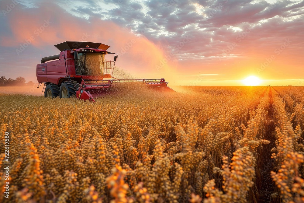 Fototapeta premium A majestic red farm machine works tirelessly in the field, surrounded by golden wheat and under a vibrant sunset sky, as the summer harvest of cash crops begins