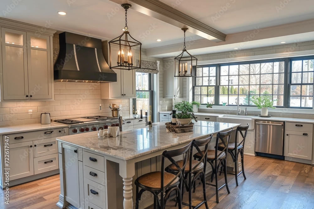 A modern kitchen with sleek cabinetry and a spacious island adorned with chic chairs, complete with state-of-the-art appliances and a charming window overlooking the home's beautiful interior design