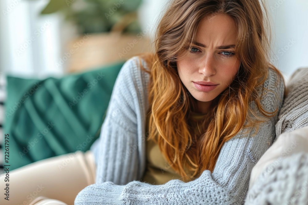 A young woman with long, layered brown hair sits on a couch, her human face adorned with minimal makeup and thoughtful expression, captured in an intimate portrait for a photo shoot A young woman with long, layered brown hair sits on a couch, her human face adorned with minimal makeup and thoughtful expression, captured in an intimate portrait for a photo shoot