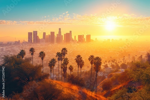 As the sun rises over the foggy cityscape, the towering skyscrapers stand tall against the vibrant backdrop of palm trees, creating a breathtaking outdoor landscape filled with the warm glow of morni