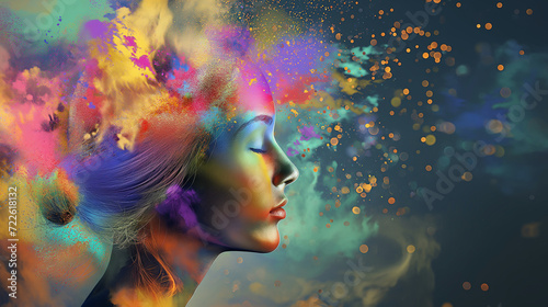 young woman with colors flowing all around her head representing having a creative state of mind