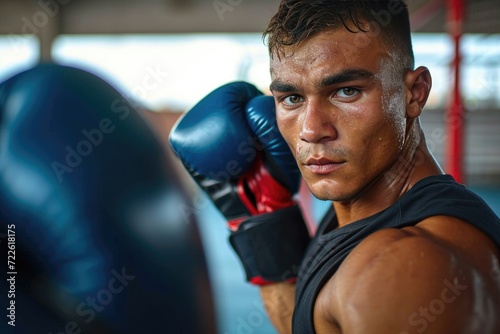 A determined man prepares to enter the ring, his muscular frame glistening with sweat as he dons his boxing gloves, ready to unleash his aggression and compete in the intense combat sport of professi © LifeMedia