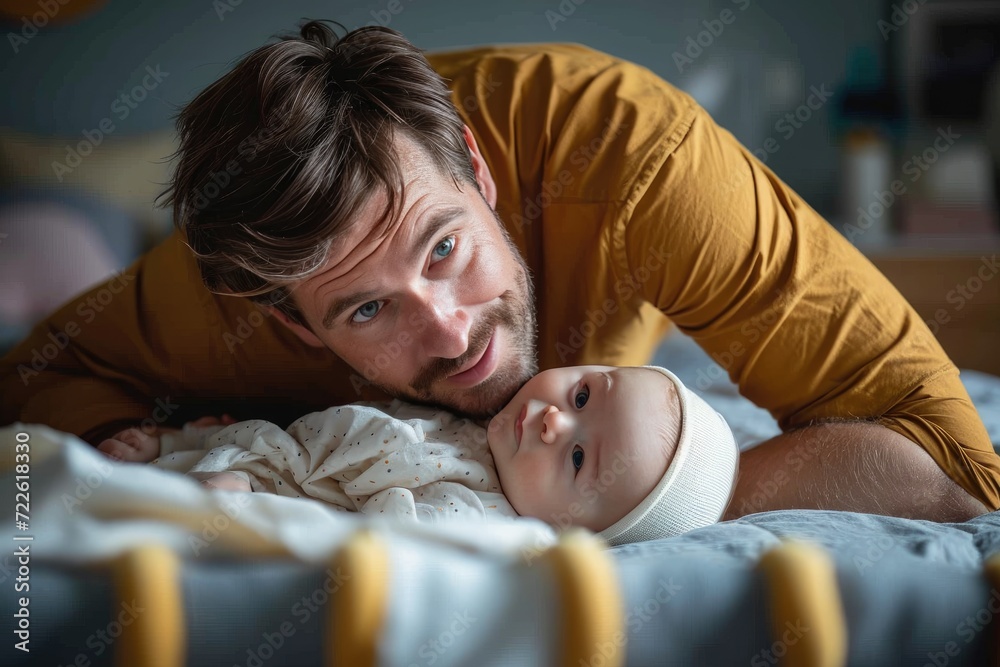 A father's love envelops his newborn son as they peacefully rest together on a cozy bed, their skin touching in a heartwarming display of comfort and connection