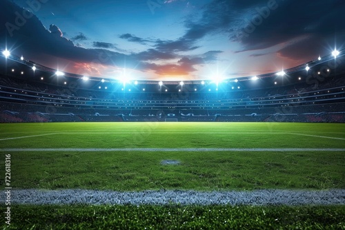 A vibrant arena beneath the starry night sky, with lush green grass and artificial turf illuminated by the floodlights, creating a perfect setting for a thrilling soccer match
