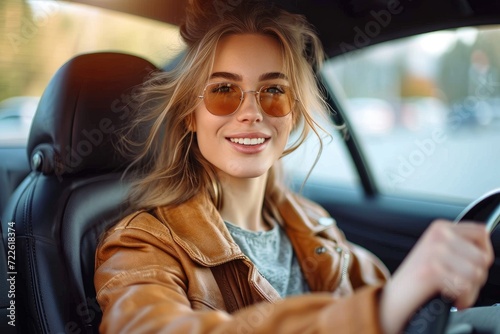 A stylish woman with a bright smile sits in her car, admiring her reflection in the rearview mirror as she prepares to embark on an outdoor adventure, her fashionable clothing and accessories adding 