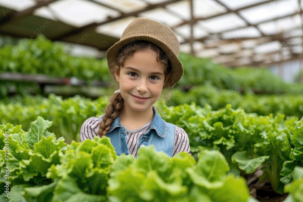 A young woman stands in a greenhouse, her smile mirroring the vibrant lettuce leaves surrounding her, showcasing her love for gardening and the beauty of nature