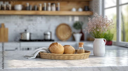 A cozy kitchen table adorned with a basket of freshly baked bread and a delicate vase of vibrant flowers, inviting one to sit and savor a warm cup of coffee in the peaceful indoor oasis