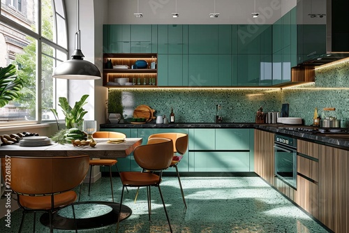 A cozy and modern kitchen featuring a sleek countertop, elegant furniture, and pops of green from a houseplant, creating a calming and inviting space to enjoy a cup of coffee or prepare a meal photo