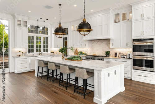 An elegant indoor kitchen featuring sleek white cabinetry, a spacious island, and modern appliances, creating a cozy and functional space for cooking and entertaining in the comfort of home photo