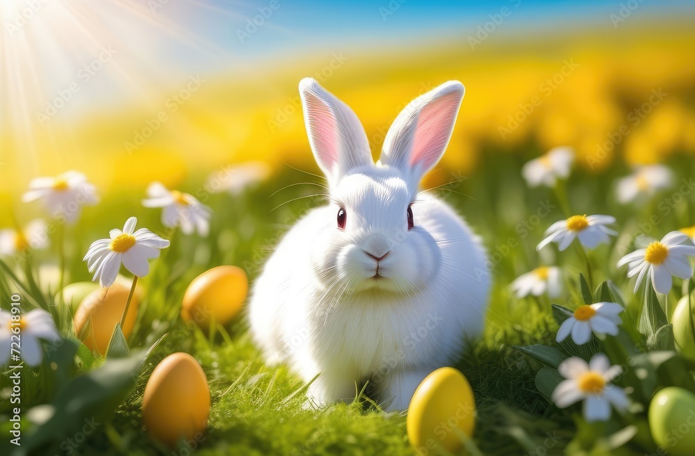 Cute rabbit on a sunny meadow with decorated eggs for the Easter holiday. Easter concept Cute rabbit on a sunny meadow with decorated eggs for the Easter holiday. Easter concept