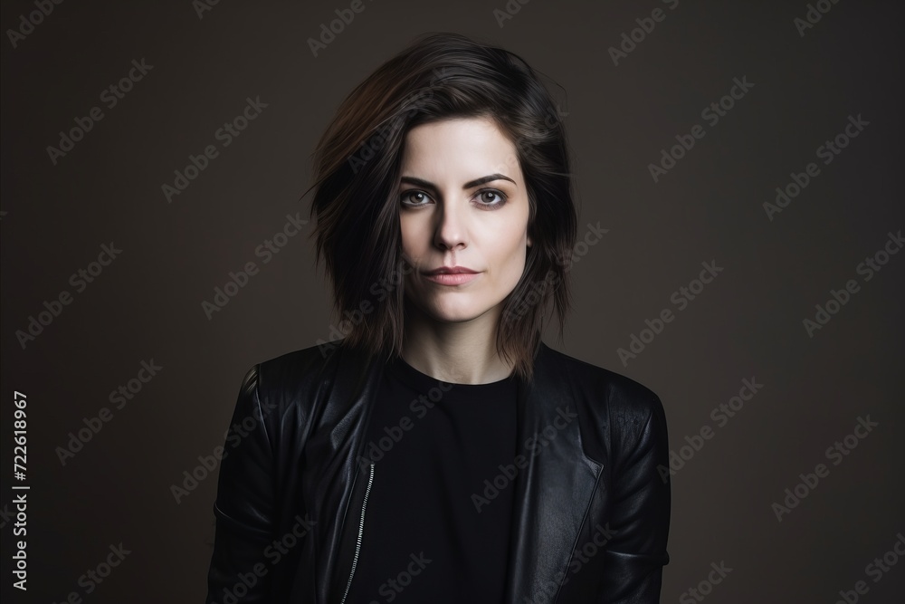 Portrait of a beautiful young brunette woman in a black leather jacket
