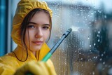 A determined woman braves the stormy weather, donning a bright yellow raincoat as she cleans a window, her face a portrait of resilience and strength