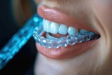 Enhancing her smile, the clear braces accentuate the delicate features of her mouth, highlighting the importance of oral hygiene and the artistry of dentistry