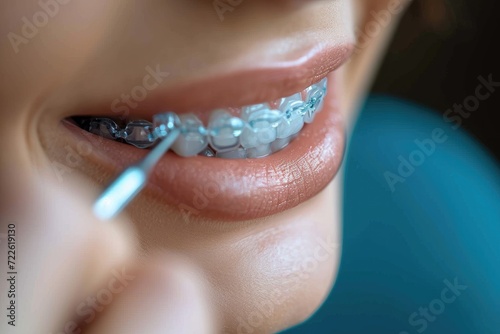 A woman's meticulous oral hygiene shines through in this close-up, as her teeth glisten with lipstick, framed by her delicate eyelashes and skin, revealing the importance of caring for every organ in