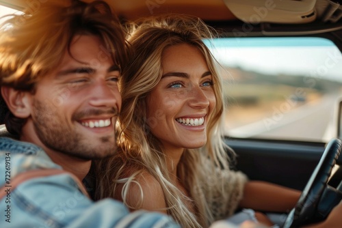 A joyful couple enjoying a scenic drive, their beaming faces and stylish attire complementing the sleek car and beautiful outdoor scenery © LifeMedia