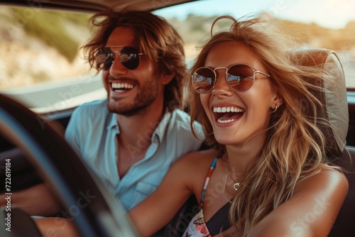 A happy couple enjoys a sunny day in their car, their faces adorned with smiles and sunglasses as they drive through the great outdoors © LifeMedia