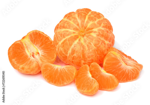 Collection of mandarin whole and slices isolated on white background. Citrus fruit