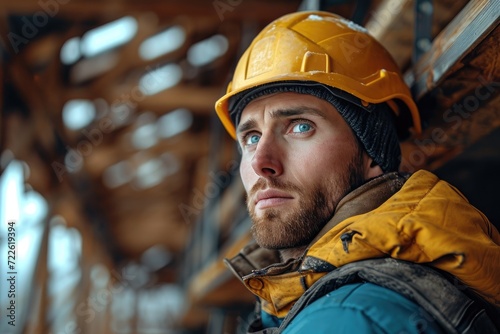 A rugged blue-collar worker, donning a yellow hard hat and workwear, stands tall as an engineer and construction worker, embodying the spirit of hard work and dedication in the great outdoors