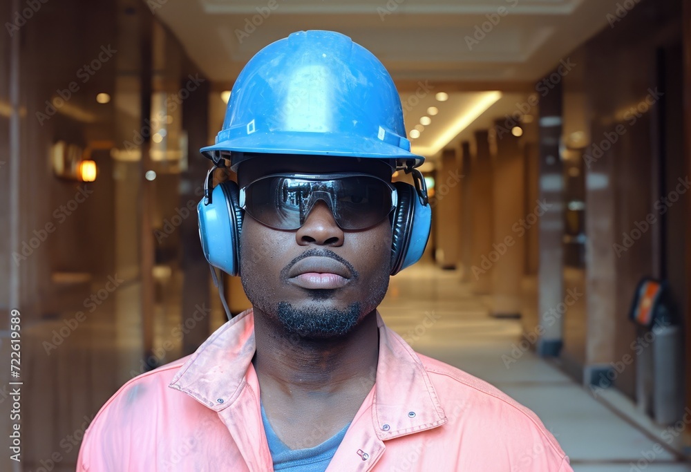 A stylish man, donning a hard hat and sunglasses, stands confidently indoors, ready to take on any challenge with his protective gear A stylish man, donning a hard hat and sunglasses, stands confidently indoors, ready to take on any challenge with his protective gear