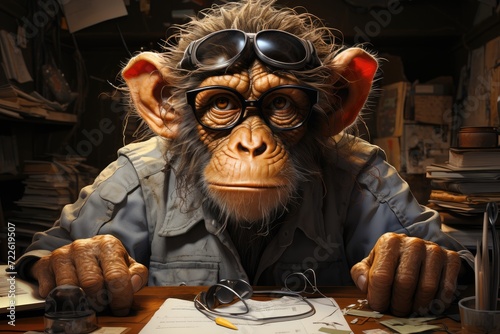 A curious monkey, donning a pair of glasses and a stylish jacket, peeks out from behind an indoor mask, embodying both intelligence and playfulness