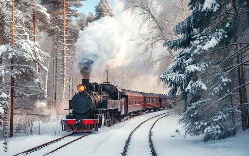 Vintage Steam Train Journey Through Snowy Forest