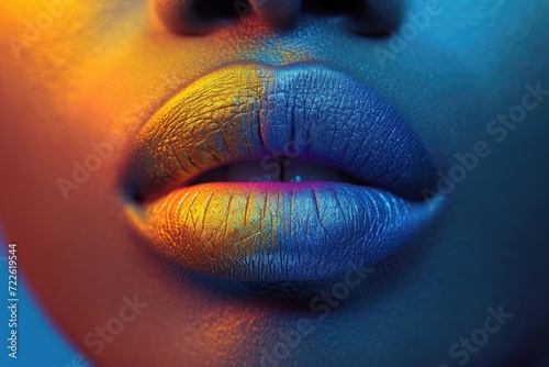 A vivid display of femininity captured in the striking closeup of a woman's lips adorned with colorful lipstick and framed by delicate eyelashes