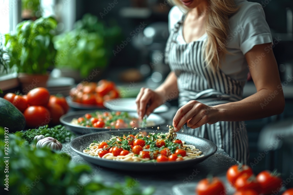 A woman dressed in a vibrant outfit cooks a delicious and healthy meal using fresh, locally sourced produce in her cozy kitchen, surrounded by vibrant fruits and vegetables