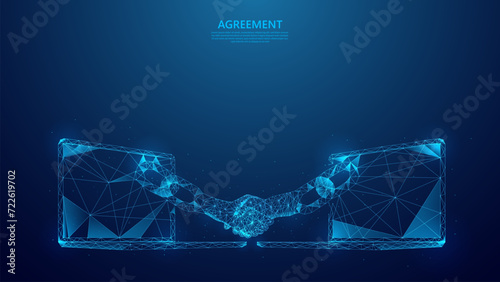 Virtual handshake business concept illustration via laptop screen. Blockchain technology agreement low poly style. photo