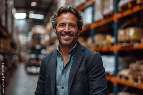 A contented man stands confidently in front of a store s warehouse shelves  his smile reflecting the warmth and familiarity of the indoor space as he showcases the latest clothing options for his cus