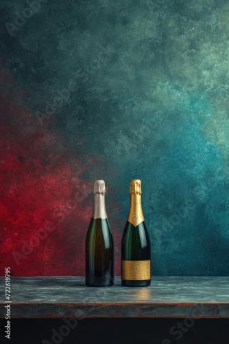 A luxurious still life painting featuring two sparkling glass bottles of champagne, inviting you to indulge in a decadent drink of pure elegance and celebration