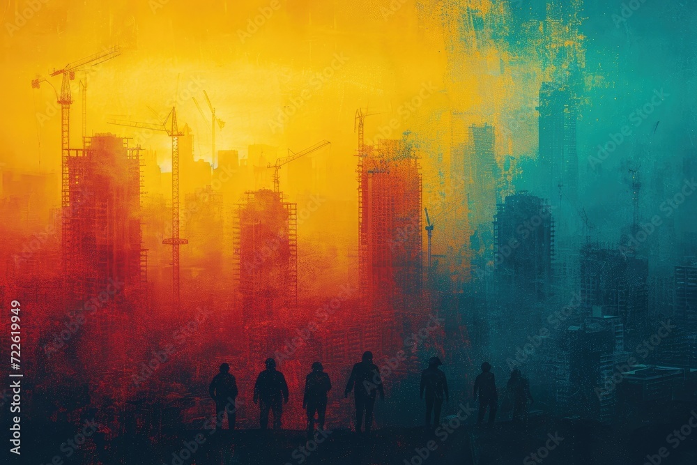 A hazy painting captures the towering beauty of a cityscape, as a group of art enthusiasts marvel at the blend of fog and skyscrapers before them