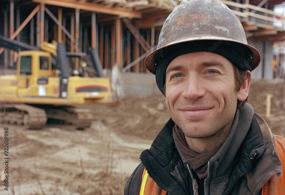 Fototapeta premium A rugged construction worker wearing a hard hat and helmet smiles confidently while standing outside on the ground, ready to tackle the building project ahead