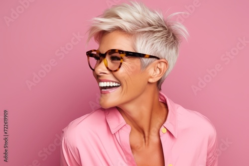Portrait of a happy young woman in pink shirt and glasses over pink background