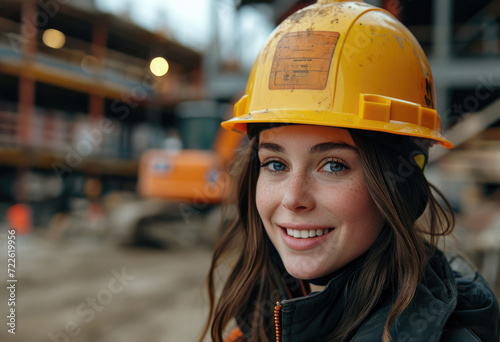 A young woman confidently smiles in her yellow hard hat, embodying strength and determination as she works on a building site as an engineer in her bluecollar workwear
