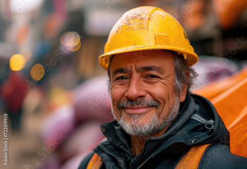 A smiling blue-collar worker stands confidently on the street, wearing a bright yellow hard hat and high-visibility clothing, ready to tackle any outdoor engineering job in his orange jacket