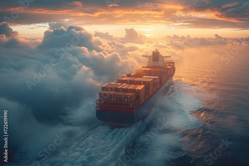 As the sun sets on the horizon, a majestic container ship glides through the tranquil waters, its sleek design and towering presence a testament to the ingenuity of naval architecture