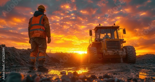 A lone worker pauses in the orange glow of sunrise, his silhouette framed against the towering construction vehicle as the sky and clouds shift above, a symbol of determination and progress in the va
