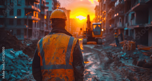 A determined worker navigates through the bustling construction site, his bright orange vest and hard hat standing out against the gray buildings and busy street, embodying strength and resilience in