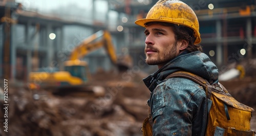 A rugged blue-collar worker donning a bright yellow hard hat and sturdy workwear stands proudly in front of a bustling construction site, his determined expression a symbol of strength and dedication © LifeMedia