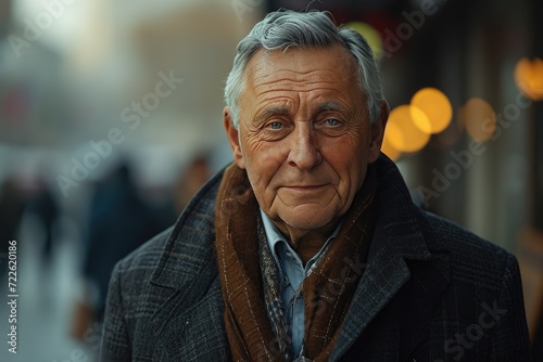 A stylish senior citizen stands on the busy street, his face weathered with wrinkles and adorned with a scarf and jacket, showcasing his timeless fashion sense and wise demeanor photo