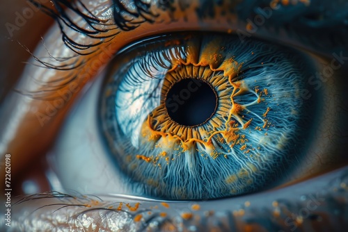 Mesmerizing hues of orange and blue swirl within the intricate details of an eye, showcasing the beauty and complexity of this vital organ photo