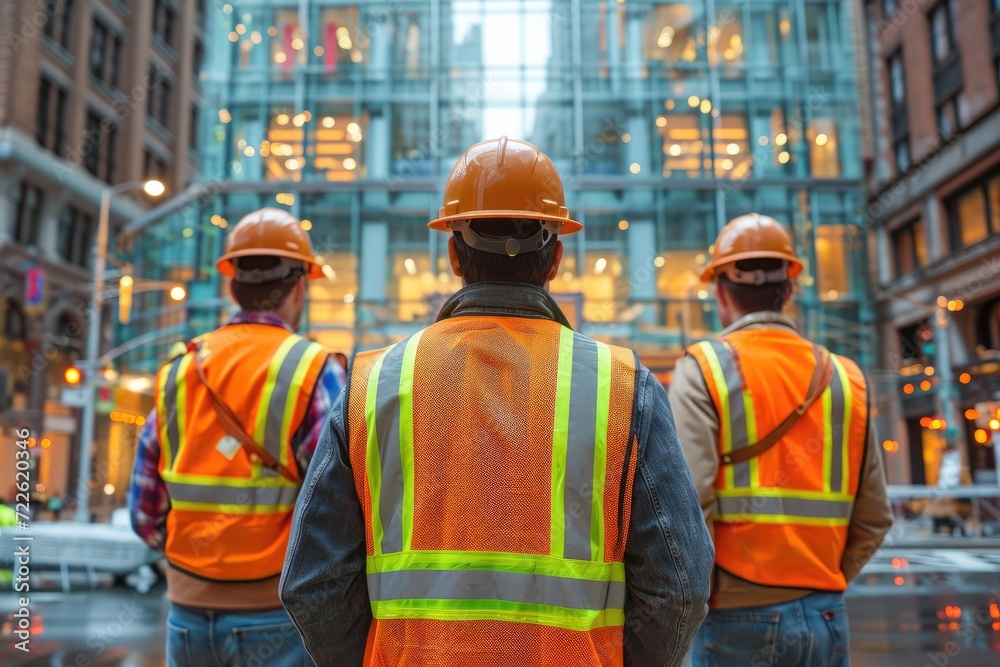 A team of blue-collar workers, dressed in high-visibility orange vests and hard hats, stands proudly in front of a towering city building, representing hard work and determination in the construction A team of blue-collar workers, dressed in high-visibility orange vests and hard hats, stands proudly in front of a towering city building, representing hard work and determination in the construction