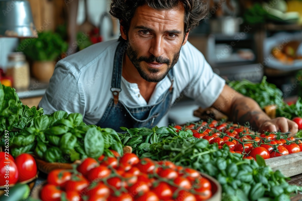 A dedicated grocer proudly displays his locally grown superfoods, including vibrant cherry tomatoes, at the bustling marketplace while dressed in a traditional apron