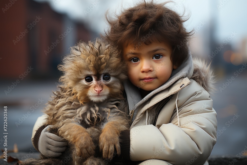 A curious toddler clad in soft fur clothing gleefully cuddles a furry monkey, their youthful faces mirroring each other's joy in the great outdoors A curious toddler clad in soft fur clothing gleefully cuddles a furry monkey, their youthful faces mirroring each other's joy in the great outdoors