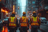A group of blue-collar workers, including firefighters and police, donning high-visibility gear and standing on a busy city street with their reflective vests and helmets, ready to take on any emerge