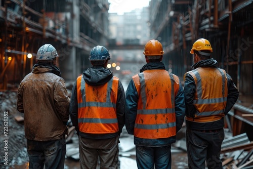 A team of blue-collar workers donning hard hats and high-visibility clothing stand together in front of a bustling city street, ready to take on the challenges of outdoor construction work with deter