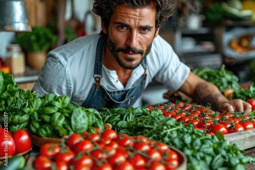 A dedicated grocer proudly displays his locally grown superfoods, including vibrant cherry tomatoes, at the bustling marketplace while dressed in a traditional apron photo
