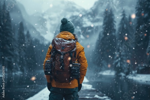 A lone adventurer braves the frozen landscape, bundled up in a warm jacket and backpack, ready to conquer the icy mountains ahead